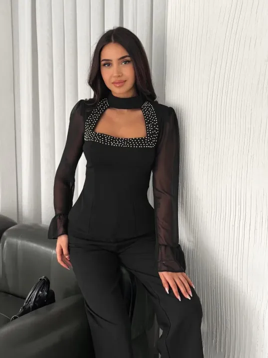 Penye Uzun Kollu Kadın Kolları Şifon Göğüste İnci Boncuk detaylı Bluz - Siyah Penye Uzun Kollu Kadın Kolları Şifon Göğüste İnci Boncuk detaylı Bluz - Siyah