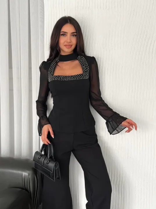 Penye Uzun Kollu Kadın Kolları Şifon Göğüste İnci Boncuk detaylı Bluz - Siyah Penye Uzun Kollu Kadın Kolları Şifon Göğüste İnci Boncuk detaylı Bluz - Siyah