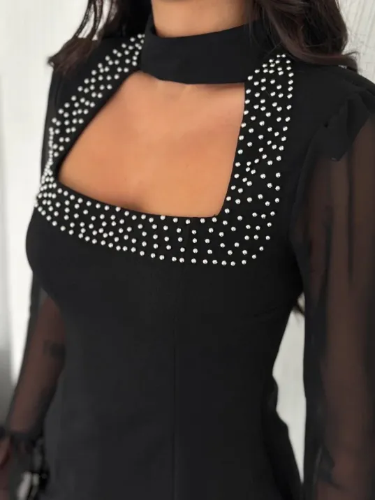 Penye Uzun Kollu Kadın Kolları Şifon Göğüste İnci Boncuk detaylı Bluz - Siyah