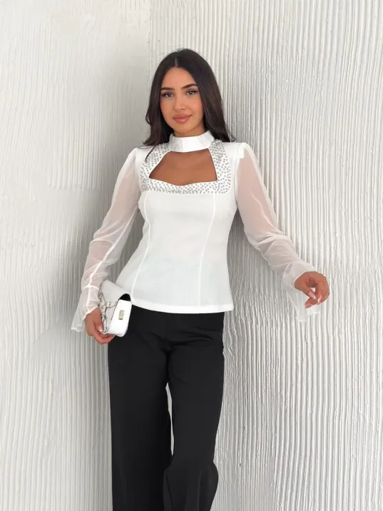 Penye Uzun Kollu Kadın Kolları Şifon Göğüste İnci Boncuk detaylı Bluz - Beyaz