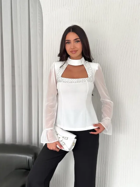 Penye Uzun Kollu Kadın Kolları Şifon Göğüste İnci Boncuk detaylı Bluz - Beyaz