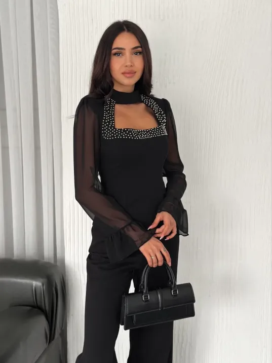 Penye Uzun Kollu Kadın Kolları Şifon Göğüste İnci Boncuk detaylı Bluz - Siyah Penye Uzun Kollu Kadın Kolları Şifon Göğüste İnci Boncuk detaylı Bluz - Siyah