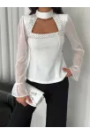 Penye Uzun Kollu Kadın Kolları Şifon Göğüste İnci Boncuk Detaylı Bluz - Beyaz