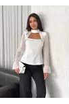 Penye Uzun Kollu Kadın Kolları Şifon Göğüste İnci Boncuk Detaylı Bluz - Beyaz