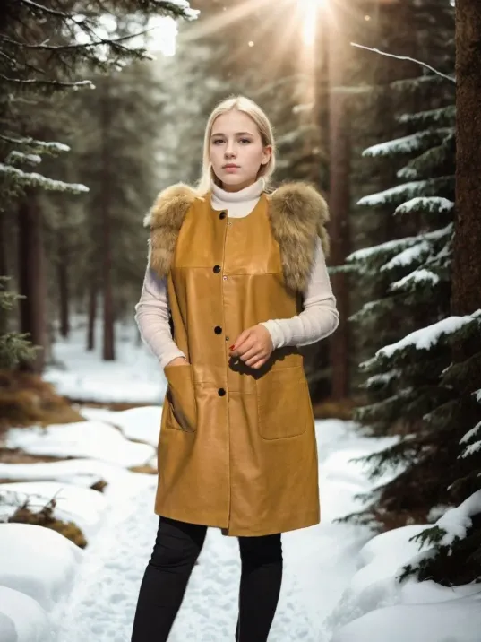 Kadın Kolsuz Hakiki Deri Kürk - Hardal Kadın Kolsuz Hakiki Deri Kürk - Hardal