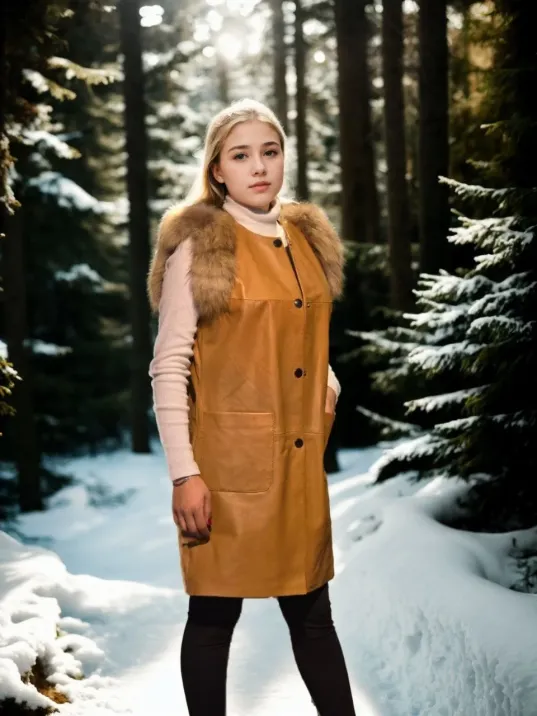 Kadın Kolsuz Hakiki Deri Kürk - Hardal Kadın Kolsuz Hakiki Deri Kürk - Hardal