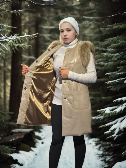 Kadın Kolsuz Hakiki Deri Kürk - Krem