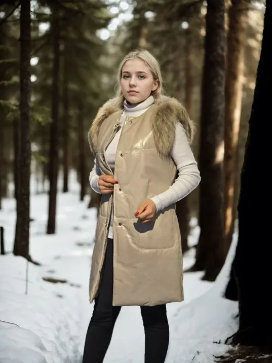 Kadın Kolsuz Hakiki Deri Kürk - Krem