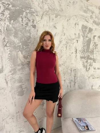 Kadın Kolsuz Yarım Bağazlı Badi bluz - Bordo Kadın Kolsuz Yarım Bağazlı Badi bluz - Bordo