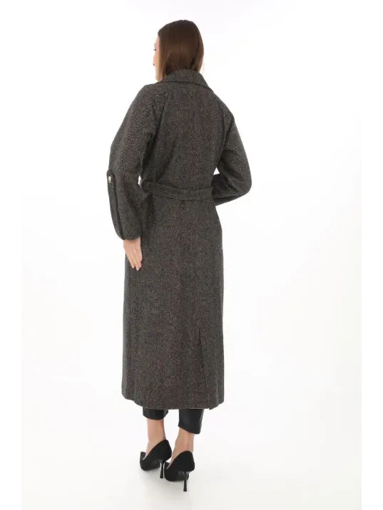 Kadın Kolu Apoletli Astarlı Kaşmir Kaşe Kaban - Füme Kadın Kolu Apoletli Astarlı Kaşmir Kaşe Kaban - Füme