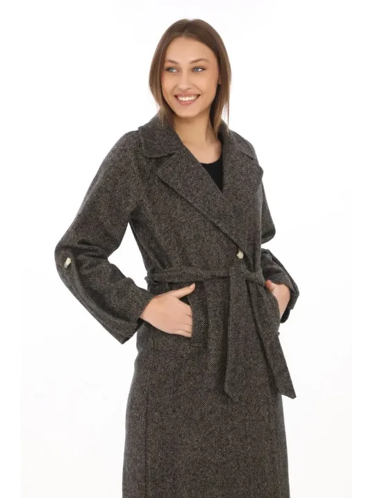 Kadın Kolu Apoletli Astarlı Kaşmir Kaşe Kaban - Füme Kadın Kolu Apoletli Astarlı Kaşmir Kaşe Kaban - Füme