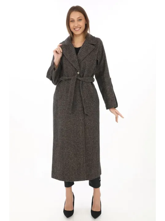 Kadın Kolu Apoletli Astarlı Kaşmir Kaşe Kaban - Füme Kadın Kolu Apoletli Astarlı Kaşmir Kaşe Kaban - Füme