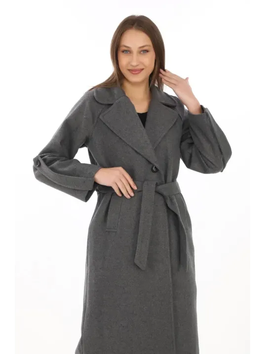 Kadın Uzun Kaşe Kaban – Yünlü Dokuma Kaşmir Kumaş, Kruvaze Yaka, Kuşaklı Astarlı Tesettür Uyumlu Şık Kışlık Siyah Model - Füme