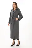 Kadın Uzun Kaşe Kaban – Yünlü Dokuma Kaşmir Kumaş, Kruvaze Yaka, Kuşaklı Astarlı Tesettür Uyumlu Şık Kışlık Siyah Model - Füme