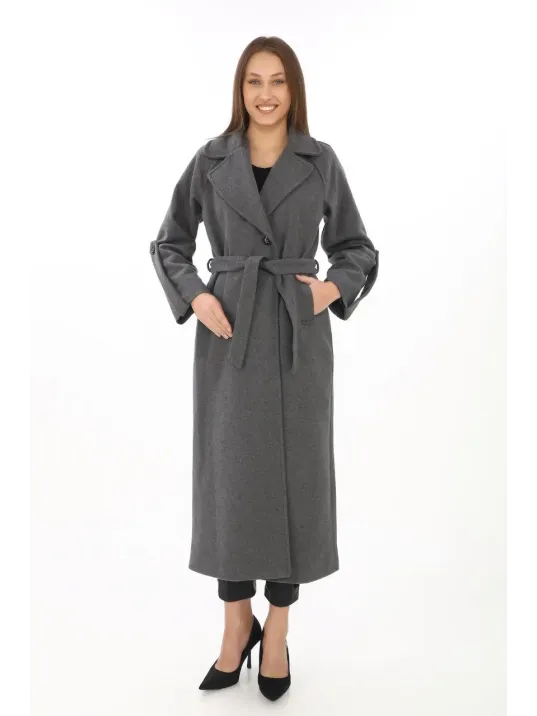 Kadın Uzun Kaşe Kaban – Yünlü Dokuma Kaşmir Kumaş, Kruvaze Yaka, Kuşaklı Astarlı Tesettür Uyumlu Şık Kışlık Siyah Model - Füme