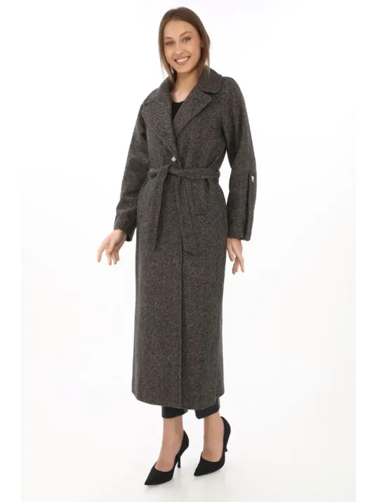 Kadın Kolu Apoletli Astarlı Kaşmir Kaşe Kaban - Füme Kadın Kolu Apoletli Astarlı Kaşmir Kaşe Kaban - Füme