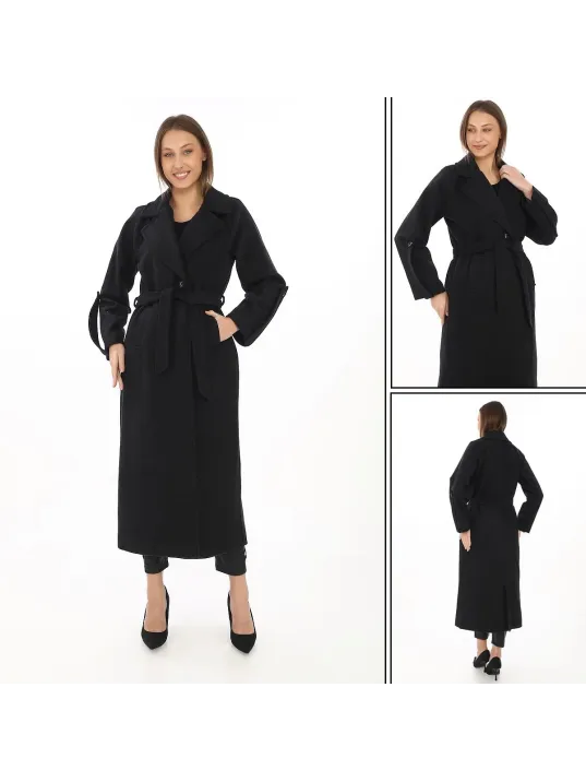 Kadın Uzun Kaşe Kaban – Yünlü Dokuma Kaşmir Kumaş, Kruvaze Yaka, Kuşaklı Astarlı Tesettür Uyumlu Şık Kışlık Siyah Model - Siyah Kadın Uzun Kaşe Kaban – Yünlü Dokuma Kaşmir Kumaş, Kruvaze Yaka, Kuşaklı Astarlı Tesettür Uyumlu Şık Kışlık Siyah Model - Siyah