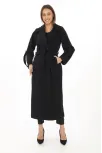 Kadın Uzun Kaşe Kaban – Yünlü Dokuma Kaşmir Kumaş, Kruvaze Yaka, Kuşaklı Astarlı Tesettür Uyumlu Şık Kışlık Siyah Model - Siyah