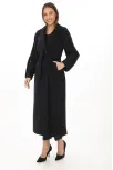 Kadın Uzun Kaşe Kaban – Yünlü Dokuma Kaşmir Kumaş, Kruvaze Yaka, Kuşaklı Astarlı Tesettür Uyumlu Şık Kışlık Siyah Model - Siyah