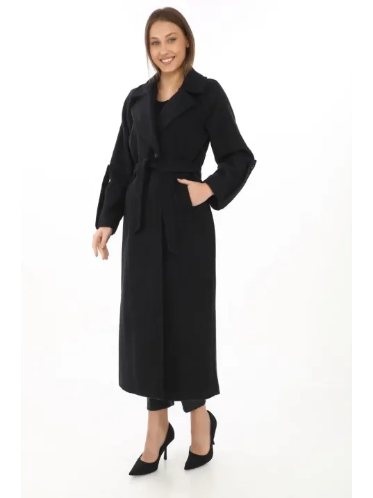 Kadın Uzun Kaşe Kaban – Yünlü Dokuma Kaşmir Kumaş, Kruvaze Yaka, Kuşaklı Astarlı Tesettür Uyumlu Şık Kışlık Siyah Model - Siyah Kadın Uzun Kaşe Kaban – Yünlü Dokuma Kaşmir Kumaş, Kruvaze Yaka, Kuşaklı Astarlı Tesettür Uyumlu Şık Kışlık Siyah Model - Siyah