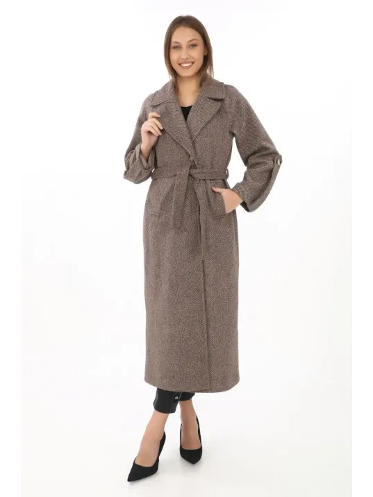 Kadın Kolu Apoletli Astarlı Kaşmir Kaşe Kaban - Vizon Kadın Kolu Apoletli Astarlı Kaşmir Kaşe Kaban - Vizon