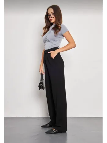 Kadin Likralı Cirt Kapama Siyah Palazzo Pantolon - Siyah