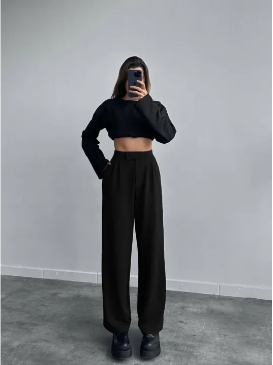 Kadin Likralı Cirt Kapama Siyah Palazzo Pantolon - Siyah