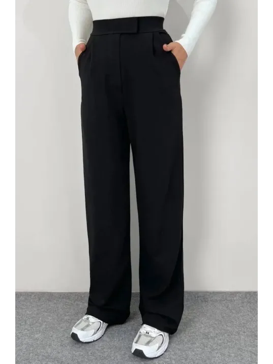 Kadin Likralı Cirt Kapama Siyah Palazzo Pantolon - Siyah