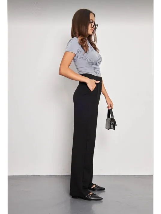 Kadin Likralı Cirt Kapama Siyah Palazzo Pantolon - Siyah
