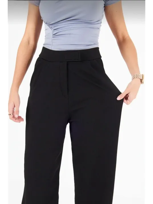 Kadin Likralı Cirt Kapama Siyah Palazzo Pantolon - Siyah