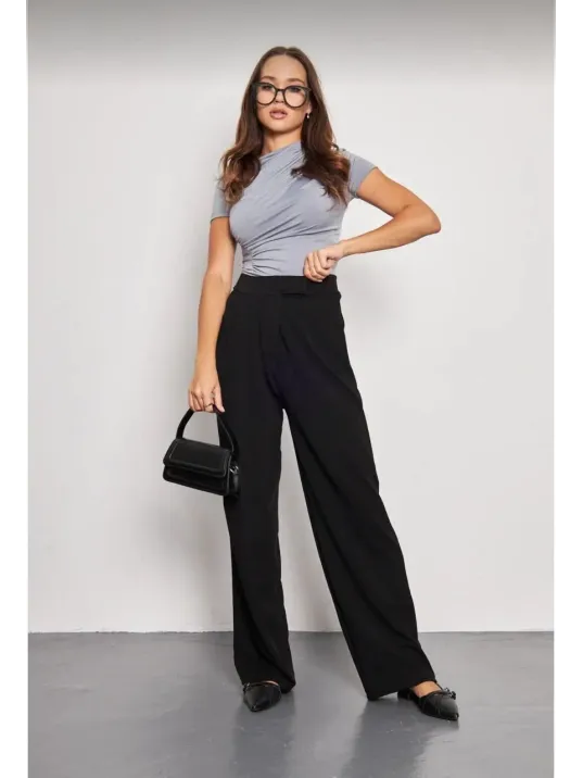 Kadin Likralı Cirt Kapama Siyah Palazzo Pantolon - Siyah