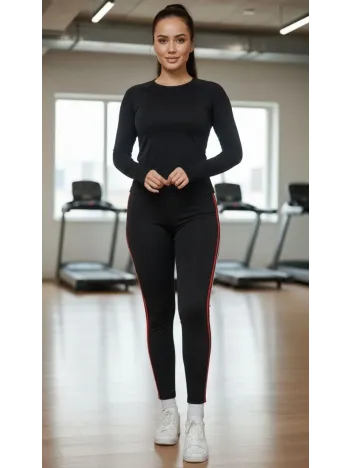 Kadın Likralı Penye Yanı Kırmızı Beyaz Şeritli Dar Kalıp Spor Tayt - Siyah