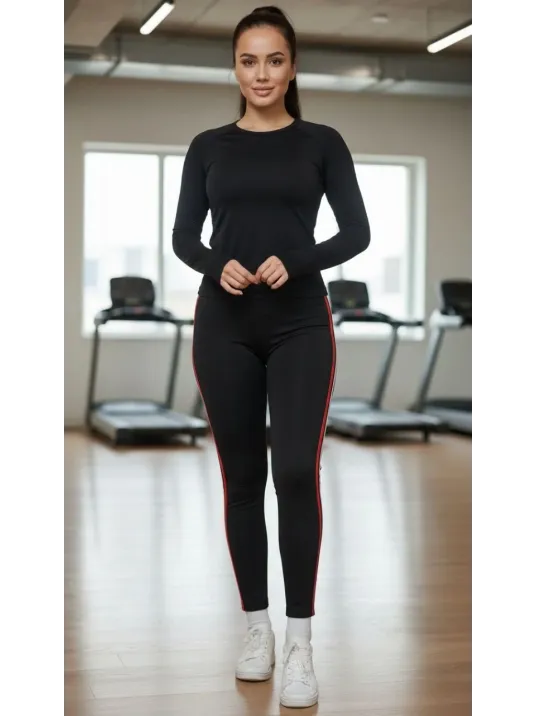 Kadın Likralı Penye Yanı Kırmızı Beyaz Şeritli Dar Kalıp Spor Tayt - Siyah