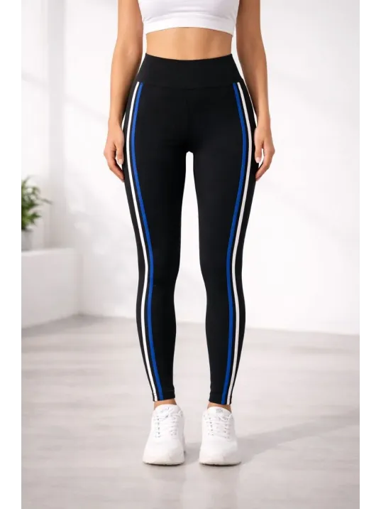 Kadın Likralı Yan Beyaz Mavi Şeritli Detaylı Tayt - Siyah