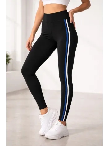 Kadın Likralı Yan Beyaz Mavi Şeritli Detaylı Tayt - Siyah