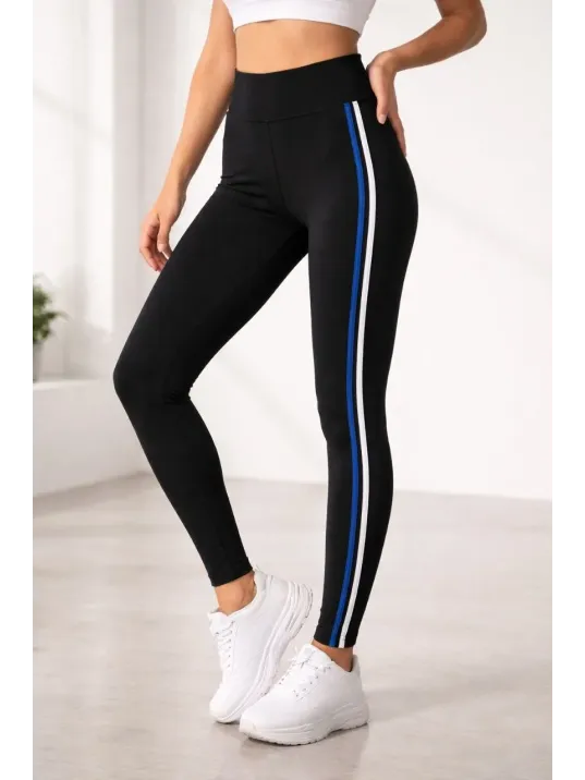 Kadın Likralı Yan Beyaz Mavi Şeritli Detaylı Tayt - Siyah