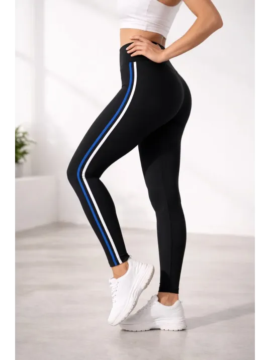 Kadın Likralı Yan Beyaz Mavi Şeritli Detaylı Tayt - Siyah