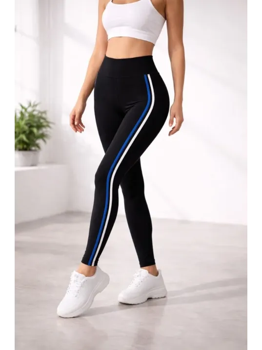 Kadın Likralı Yan Beyaz Mavi Şeritli Detaylı Tayt - Siyah