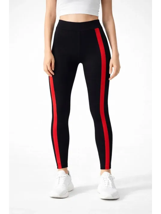 Kadın Likralı Yan Kırmızı Şeritli Detaylı Tayt - Siyah