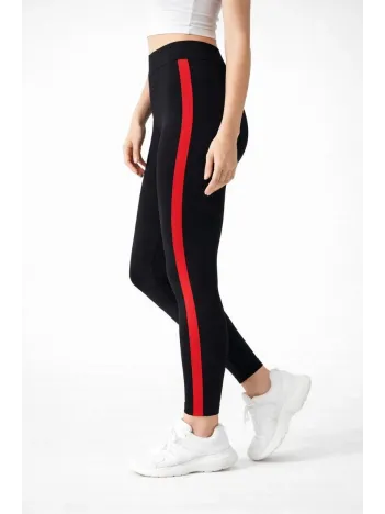 Kadın Likralı Yan Kırmızı Şeritli Detaylı Tayt - Siyah