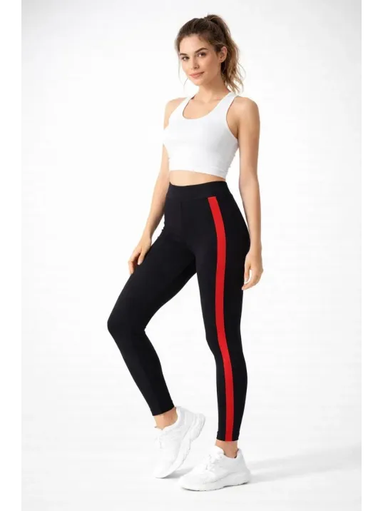 Kadın Likralı Yan Kırmızı Şeritli Detaylı Tayt - Siyah