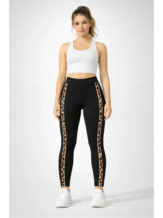 Kadın Likralı Yan Leopar Şeritli Detaylı Tayt - Siyah