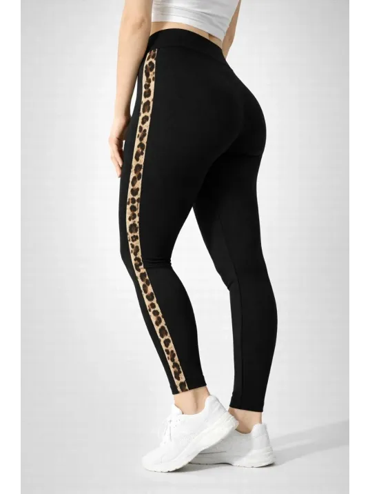 Kadın Likralı Yan Leopar Şeritli Detaylı Tayt - Siyah