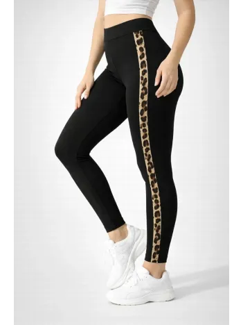 Kadın Likralı Yan Leopar Şeritli Detaylı Tayt - Siyah