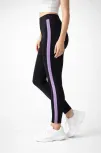 Kadın Likralı Yan Lila Şeritli Detaylı Tayt - Siyah