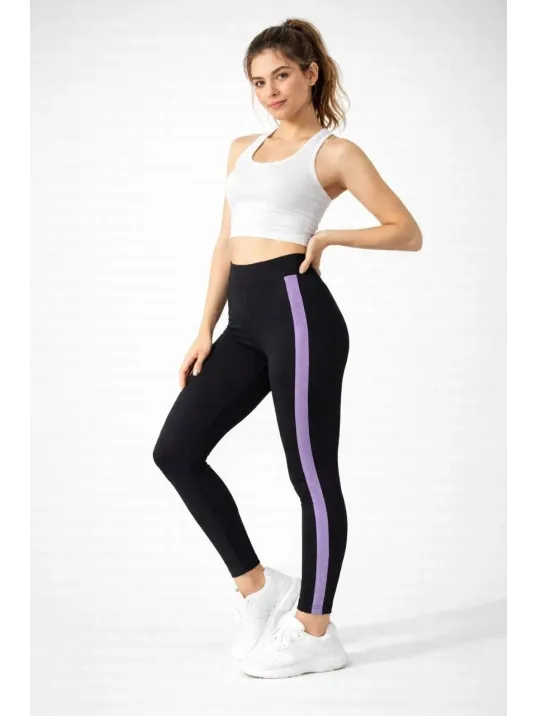 Kadın Likralı Yan Lila Şeritli Detaylı Tayt - Siyah