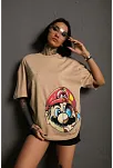 Kadın Mario Baskılı T-shirt Oversize Kısa Kol Bisiklet Yaka Tişort - Bej