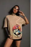 Kadın Mario Baskılı T-shirt Oversize Kısa Kol Bisiklet Yaka Tişort - Bej