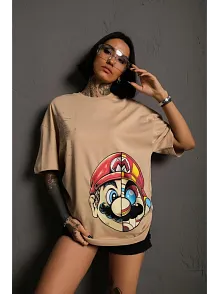 Kadın Mario Baskılı T-shirt Oversize Kısa Kol Bisiklet Yaka Tişort - Bej