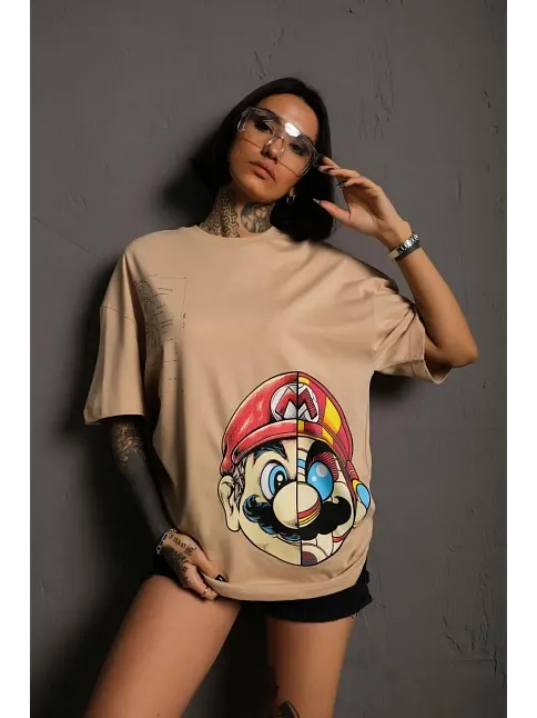 Kadın Mario Baskılı T-shirt Oversize Kısa Kol Bisiklet Yaka Tişort - Bej